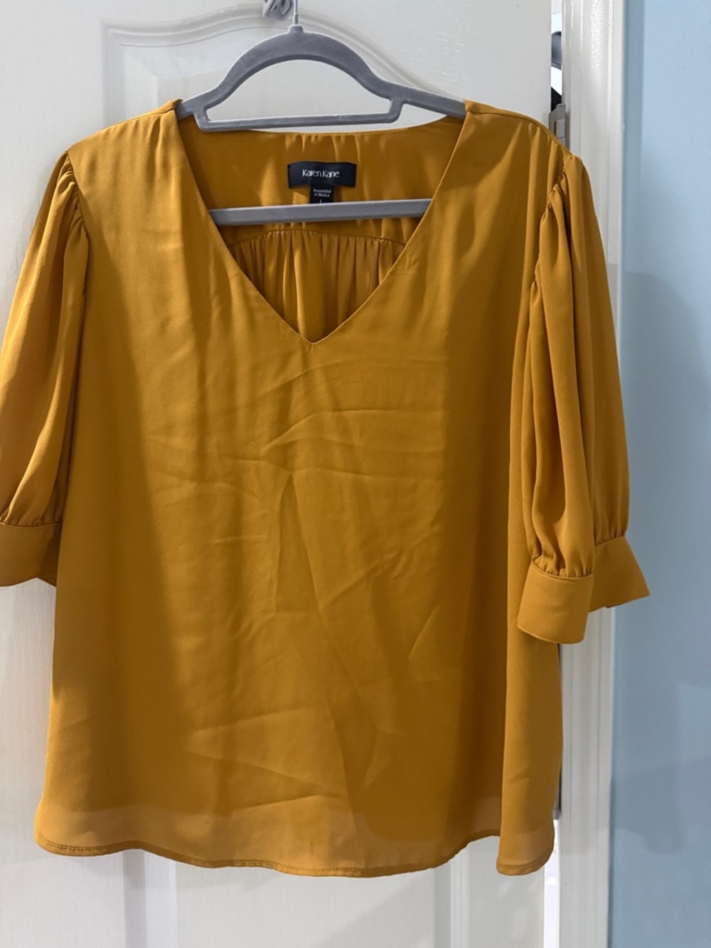 Karen Kane Golden Mustard V-Neck Puff Sleeve Blouse